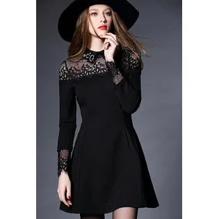 Kett More Women Flower Lace Long Sleeve Halter Skirt Dress-KMWD077