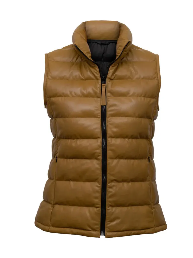 Khaki Brown Funnel Leather Gilet