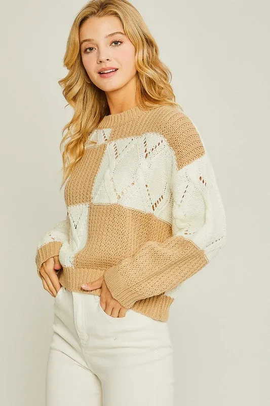 Khaki Diamond Cutout Checkered Sweater