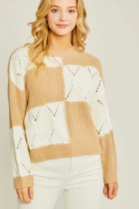 Khaki Diamond Cutout Checkered Sweater