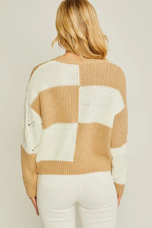 Khaki Diamond Cutout Checkered Sweater