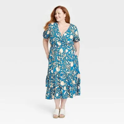 Knox Rose Women's Plus Size Short Sleeve Wrap Tiered Midi Dress