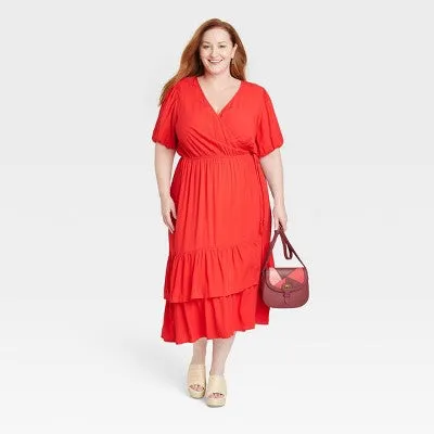 Knox Rose Women's Plus Size Short Sleeve Wrap Tiered Midi Dress