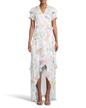 La Fleur Silk Lurex High Low Wrap Dress In White