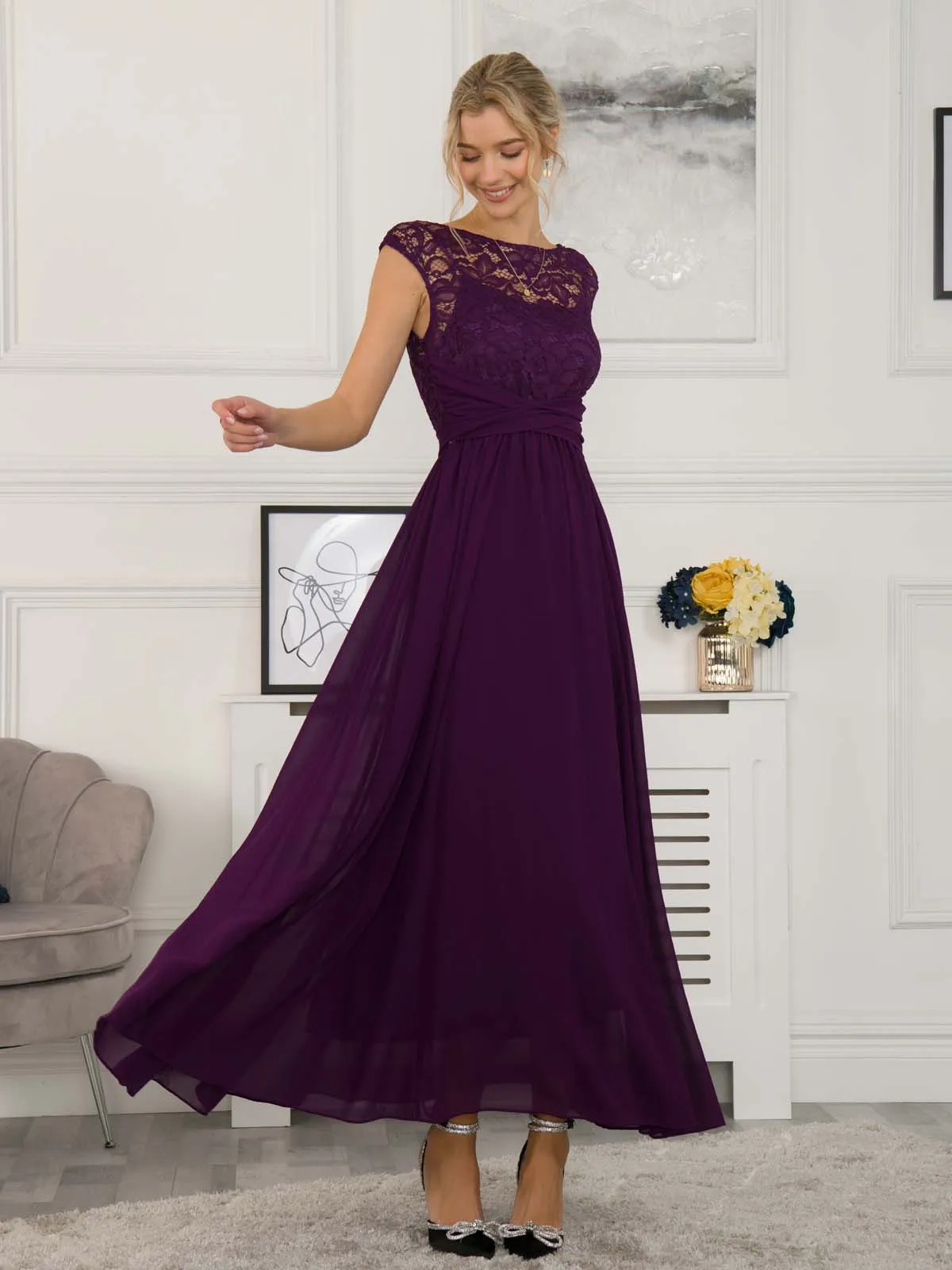 Lace Bodice Chiffon Maxi Bridesmaid Dress, Dark Purple