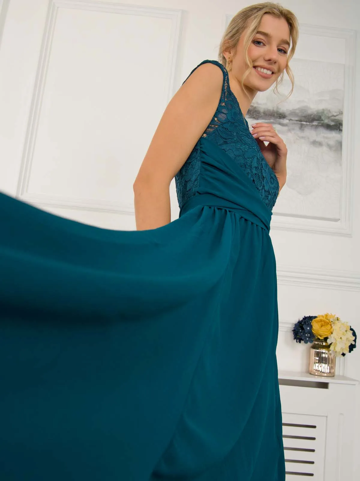 Lace Bodice Chiffon Maxi Bridesmaid Dress, Dark Teal