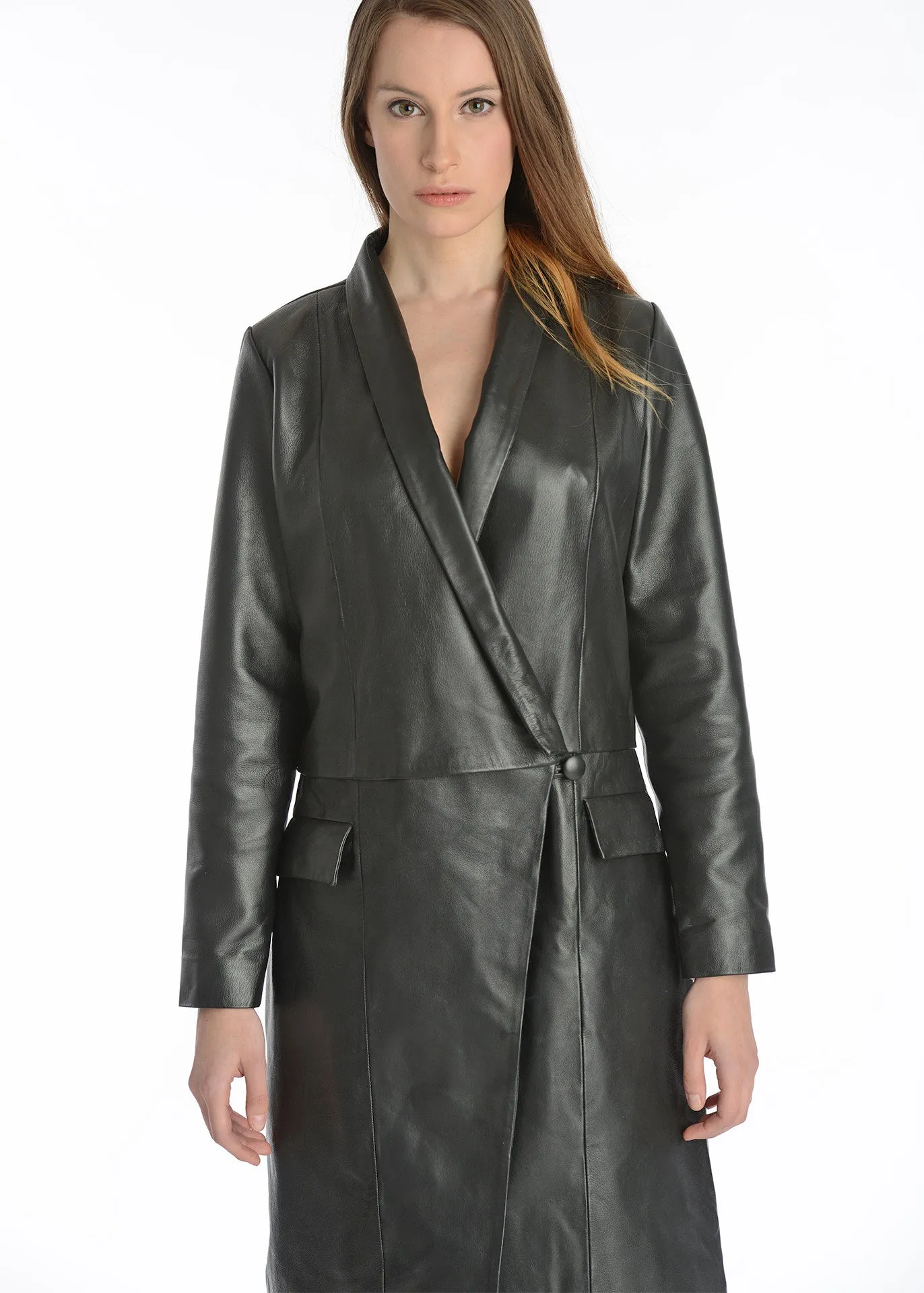 Leather long sleeve wrap coat dress