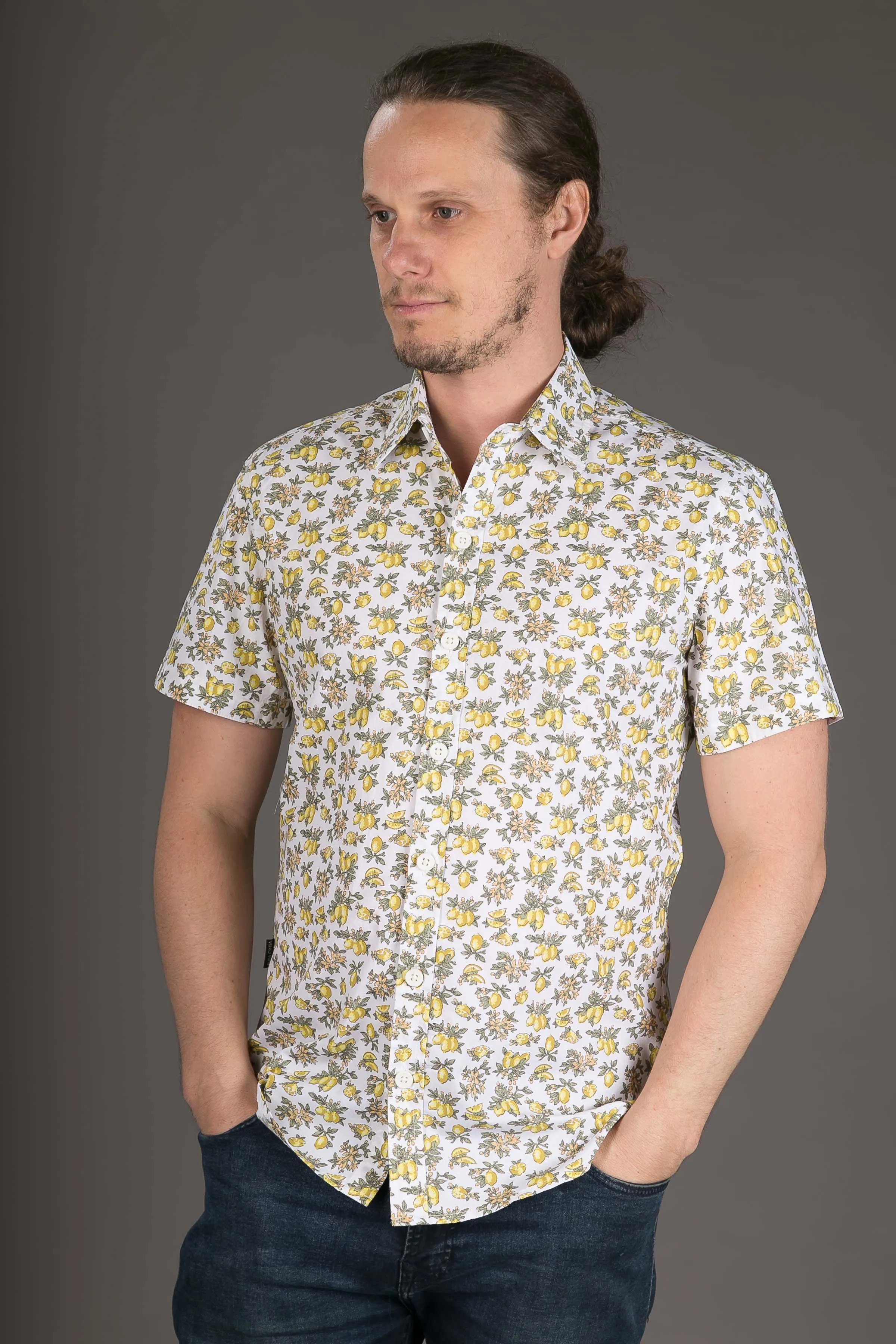 Lemon Print Cotton Slim Fit Mens Shirt Short Sleeve