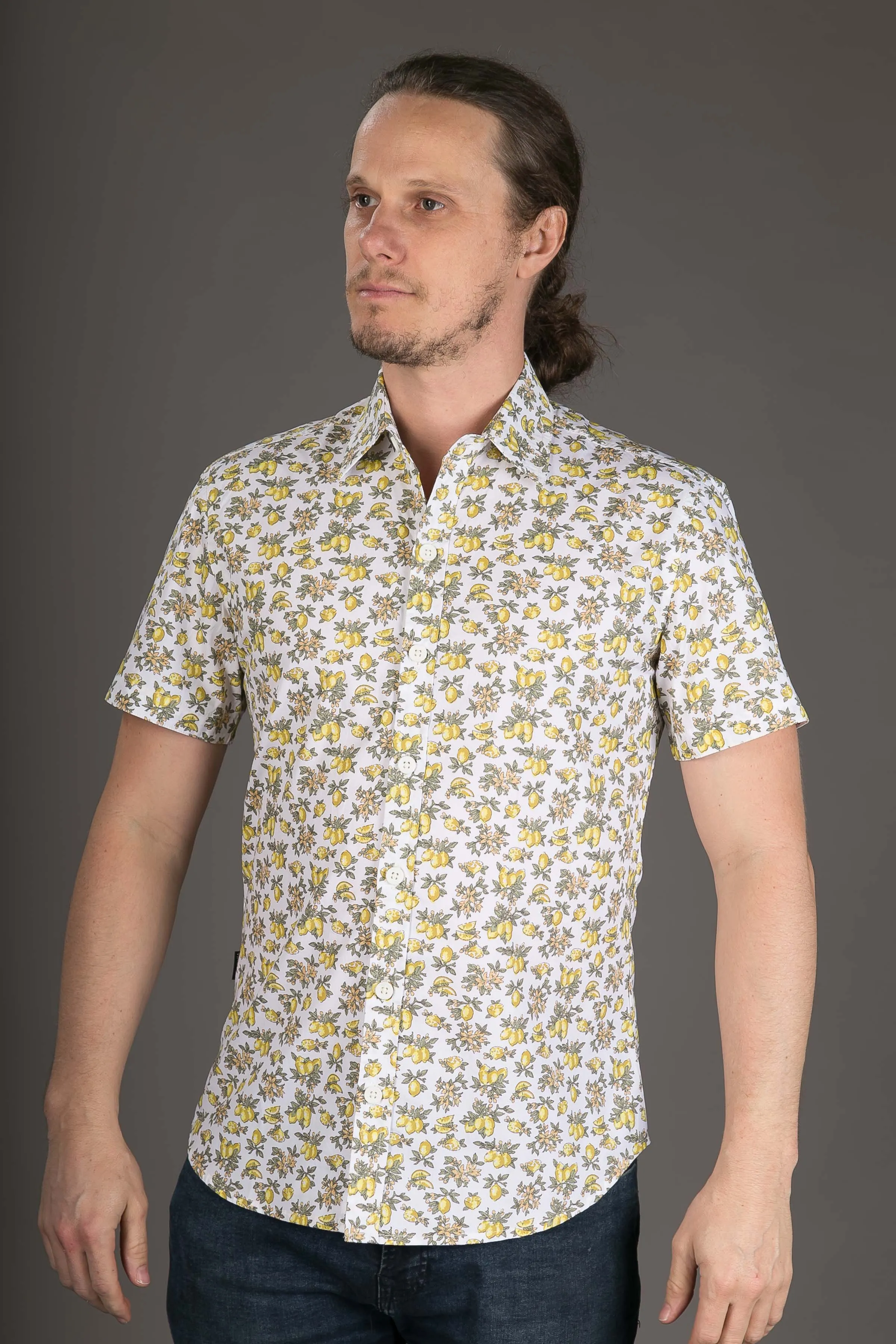 Lemon Print Cotton Slim Fit Mens Shirt Short Sleeve