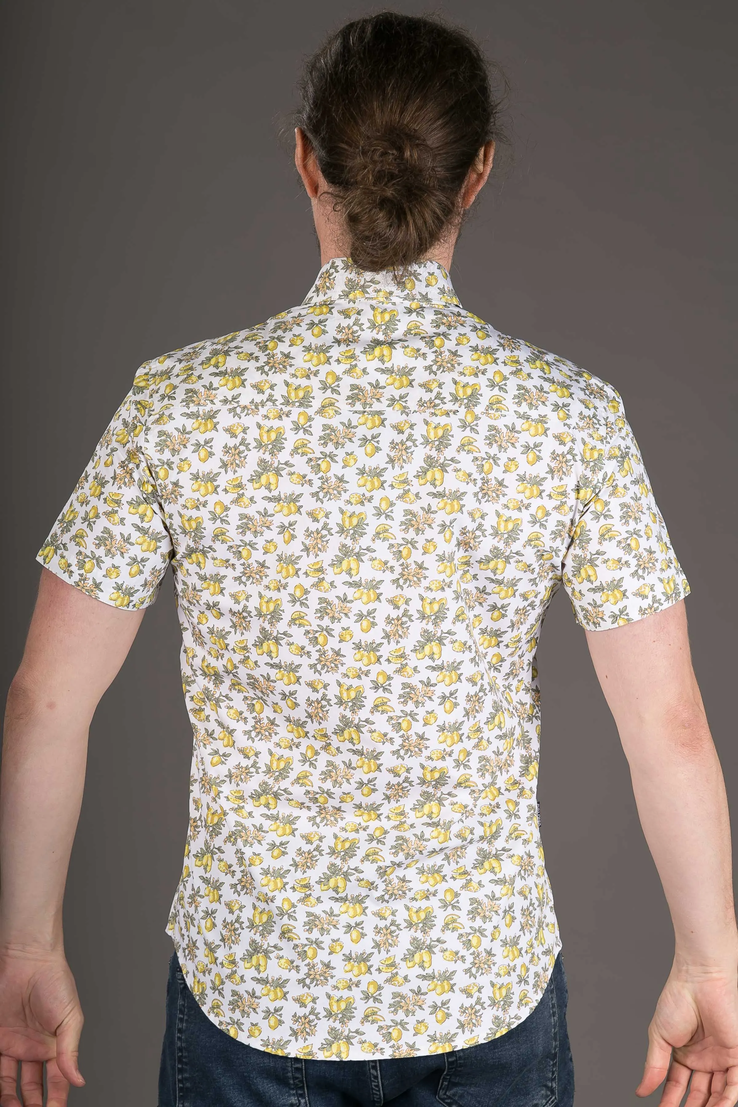 Lemon Print Cotton Slim Fit Mens Shirt Short Sleeve