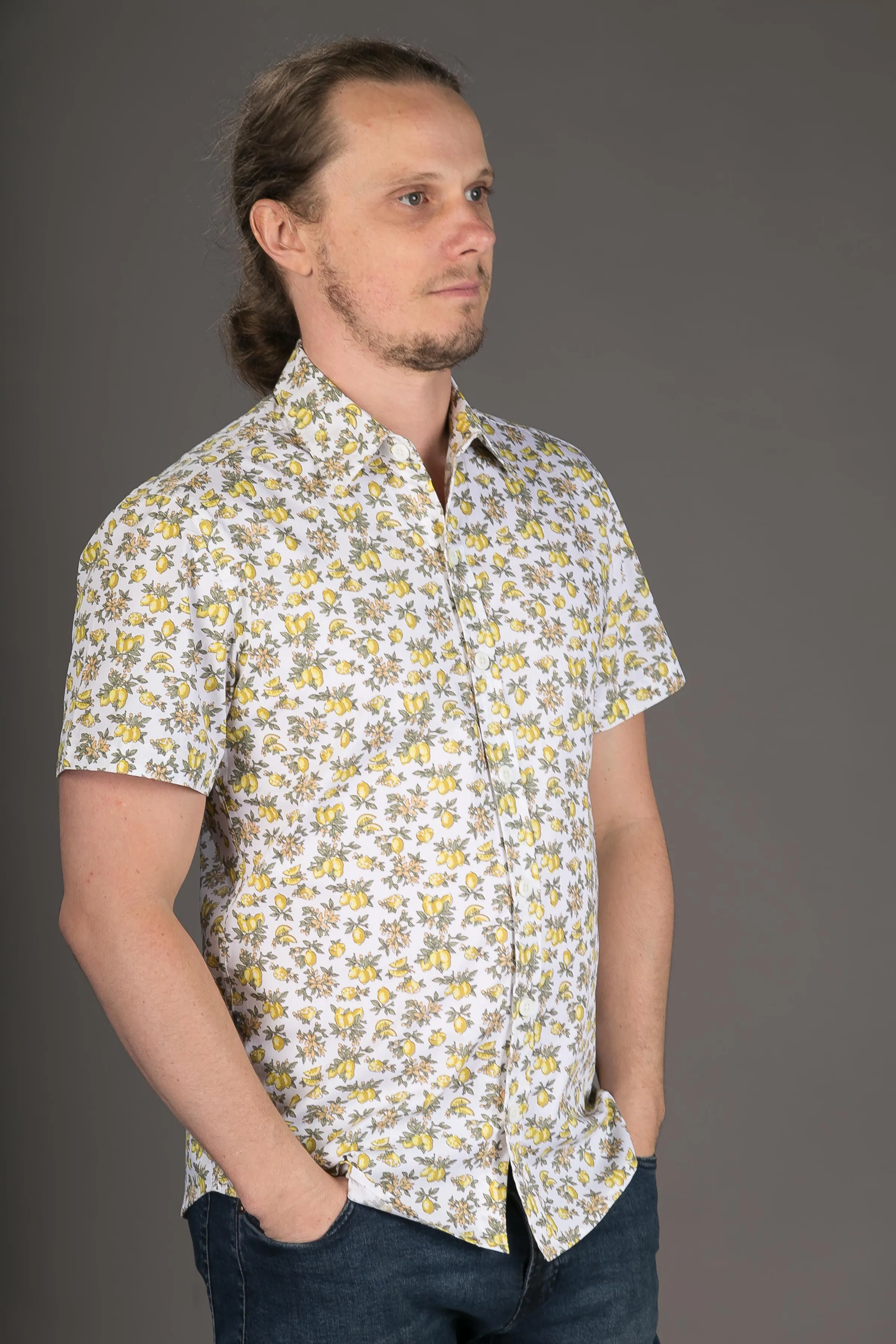 Lemon Print Cotton Slim Fit Mens Shirt Short Sleeve