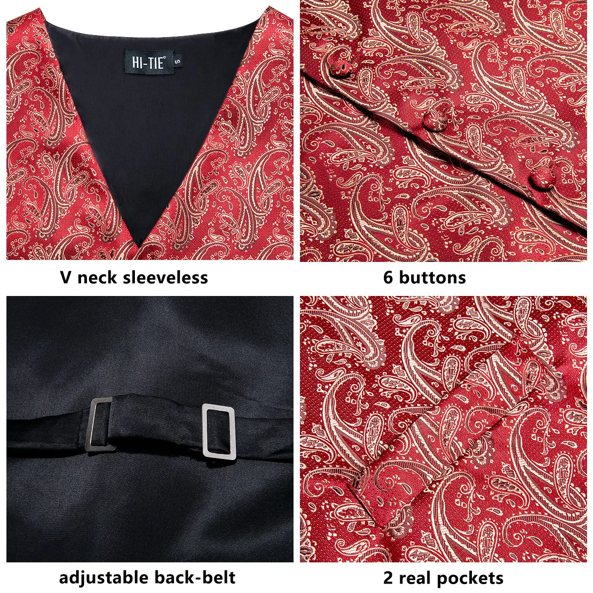 Light Red Paisley Silk Men's Vest Hanky Cufflinks Tie Set Waistcoat Suit Set