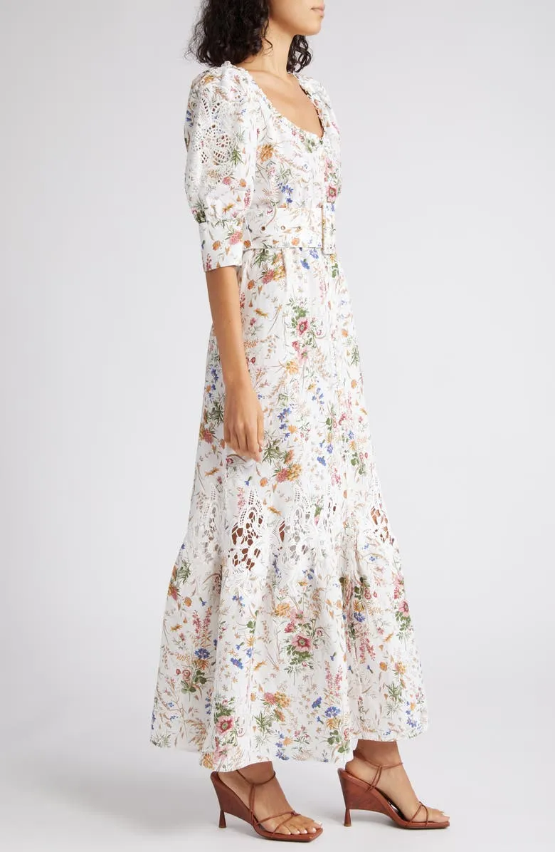 Linen Belt Dress in Flower Garden