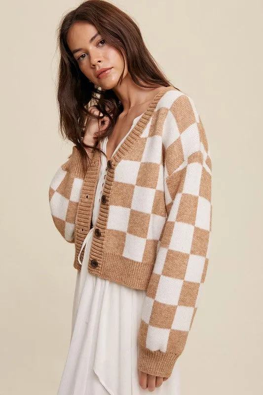 Listicle Bold Gingham Sweater Weaved Crop Cardigan