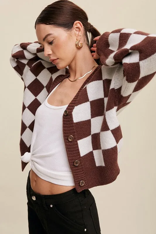 Listicle Bold Gingham Sweater Weaved Crop Cardigan