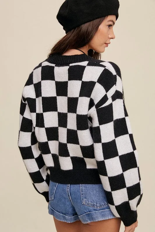 Listicle Bold Gingham Sweater Weaved Crop Cardigan