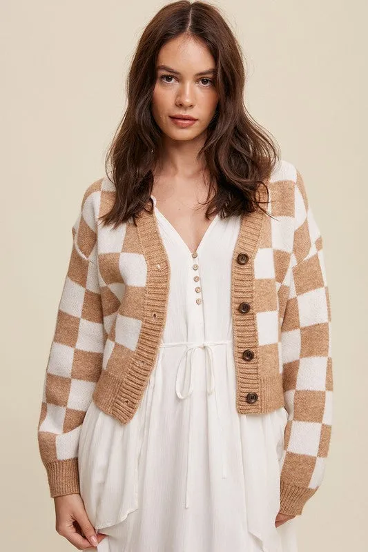 Listicle Bold Gingham Sweater Weaved Crop Cardigan