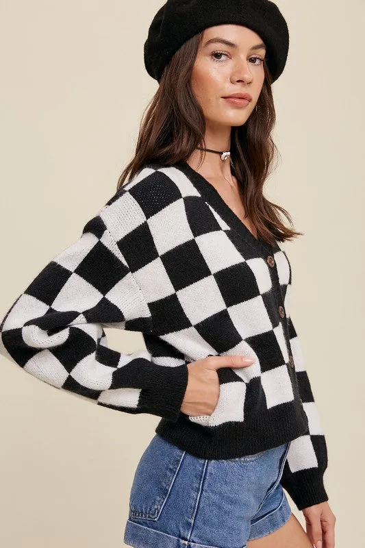 Listicle Bold Gingham Sweater Weaved Crop Cardigan