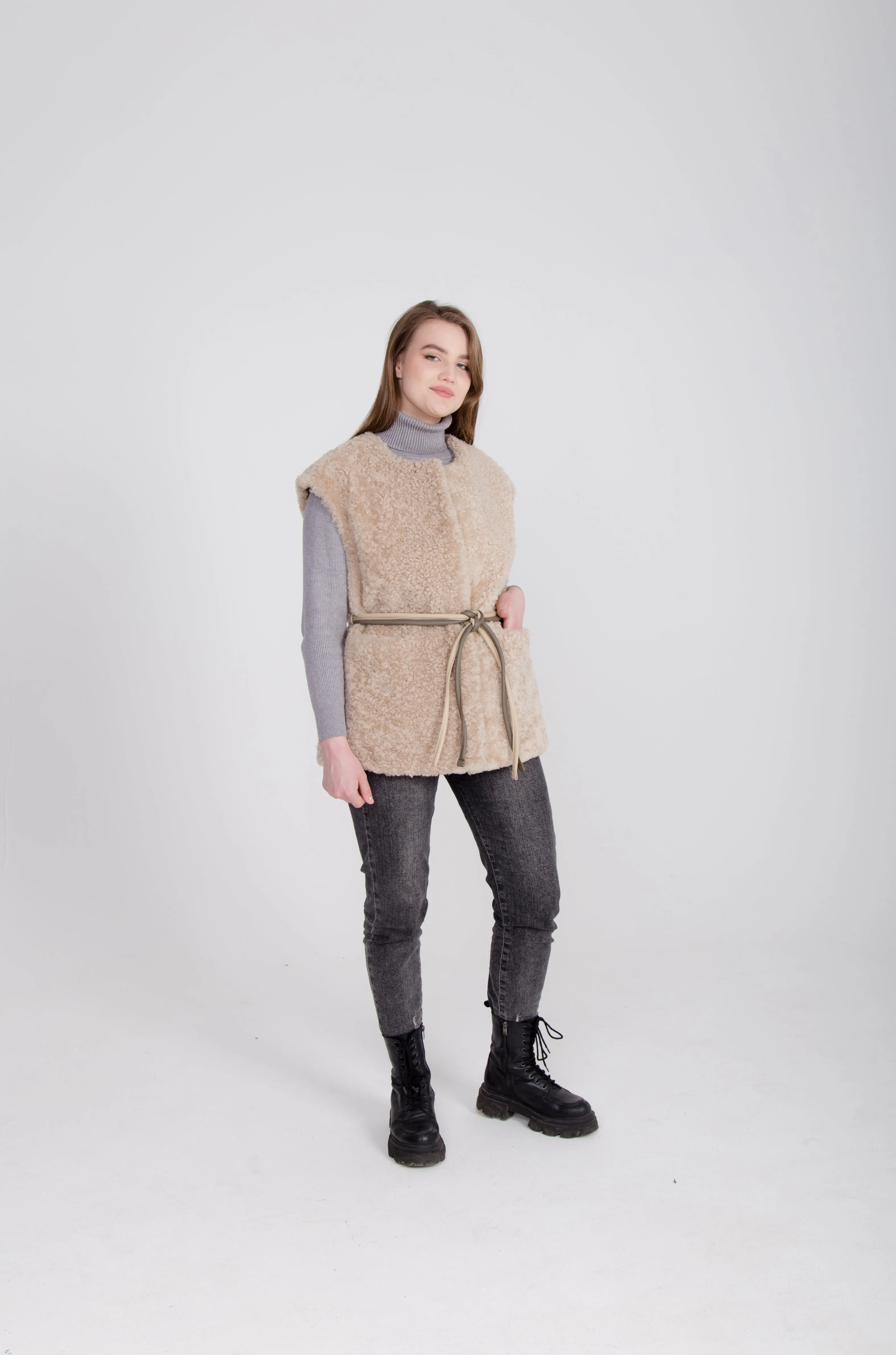 Long Beige Womens Shearling Vest with Boucle Sheepskin and Two Colored Leather Belt