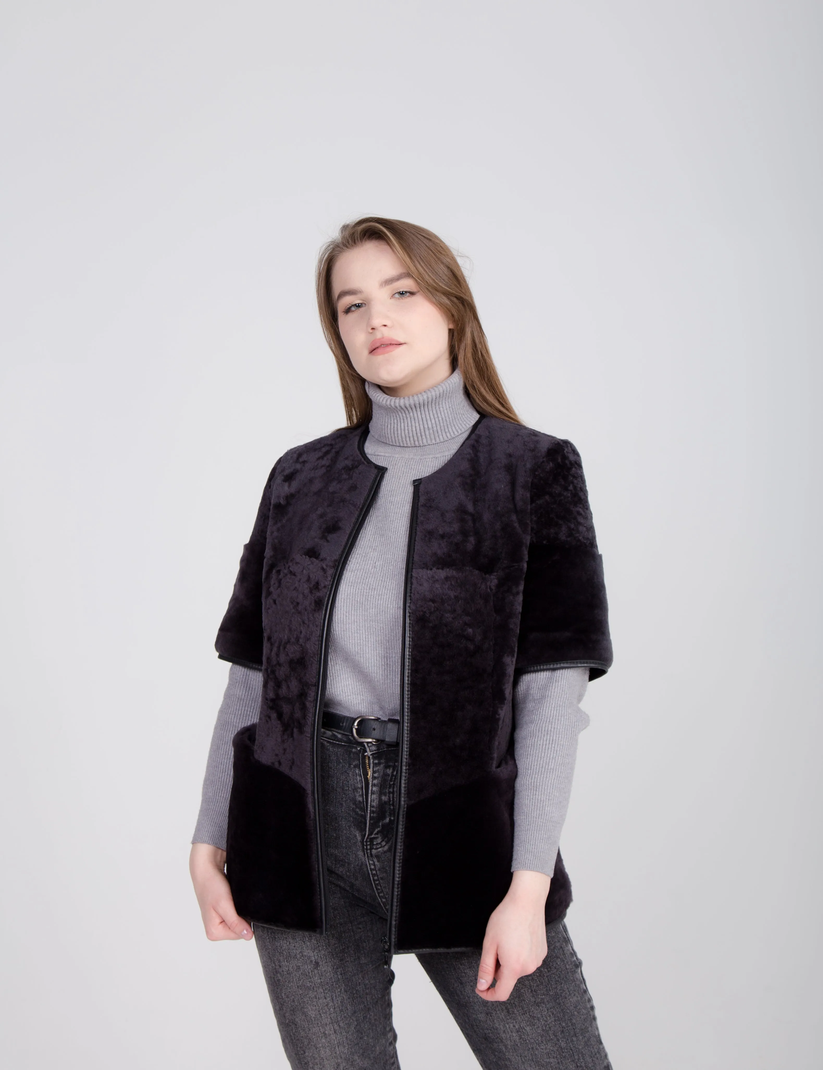 Long Black Shearling Gilet with Boucle Sheepskin and Fur Sleeves and Hem