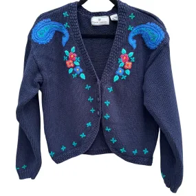 Maggie Lawrence Vintage Womens Embroidered Floral Navy Cardigan Knit Sweater M