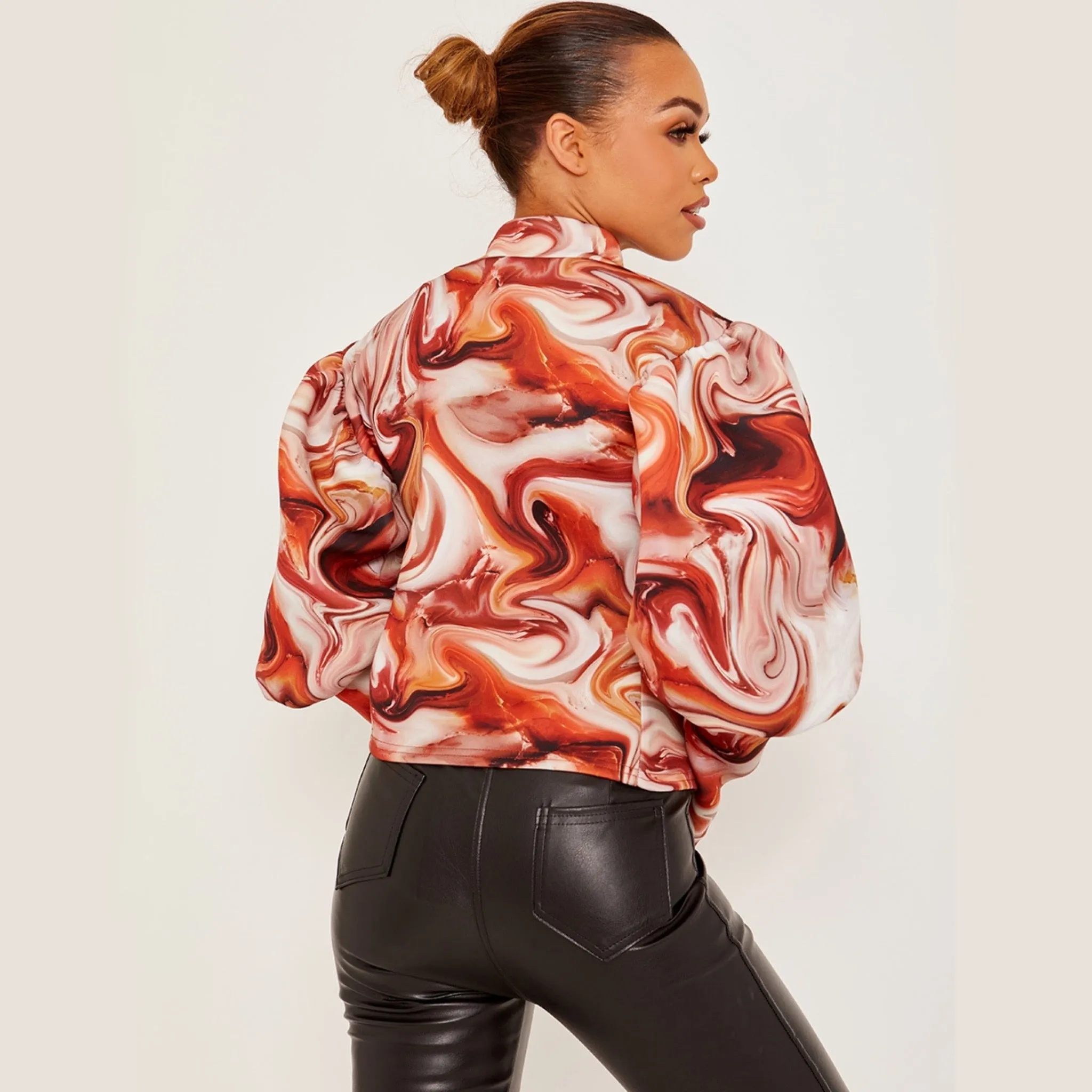 Marble Print Puff Sleeve Jacket