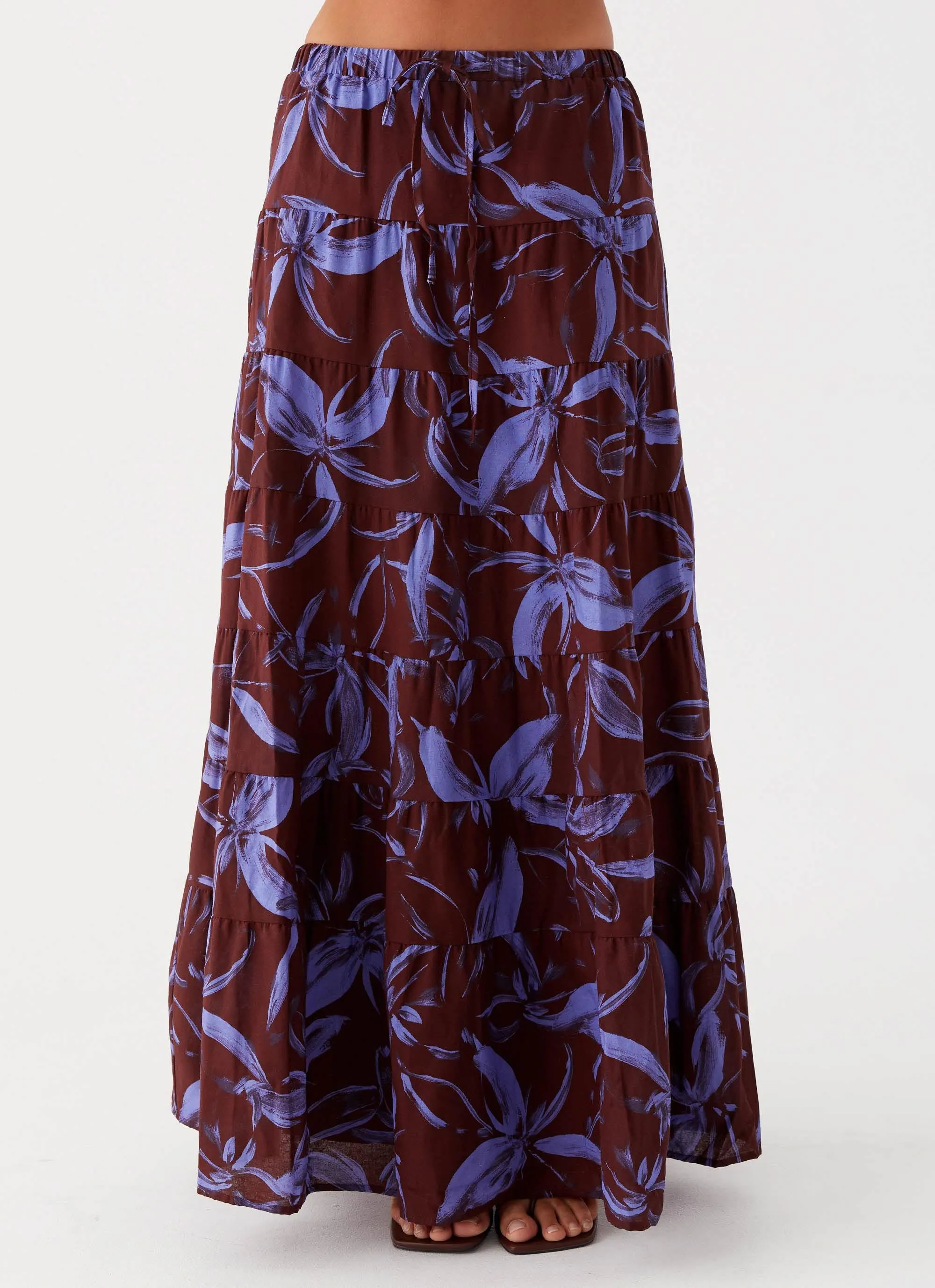 Mariella Linen Maxi Skirt - Purple Brown Floral