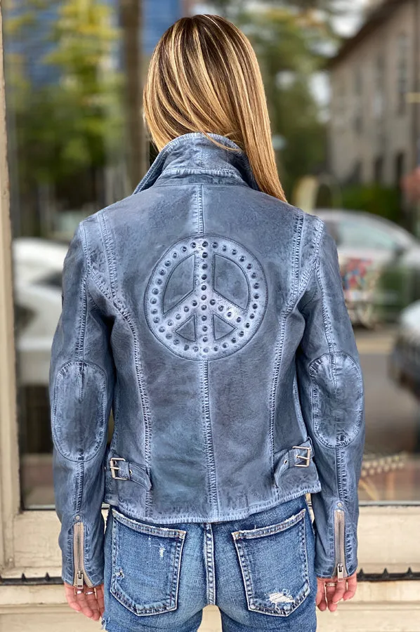 Maysie Peace Leather Jacket - Sky