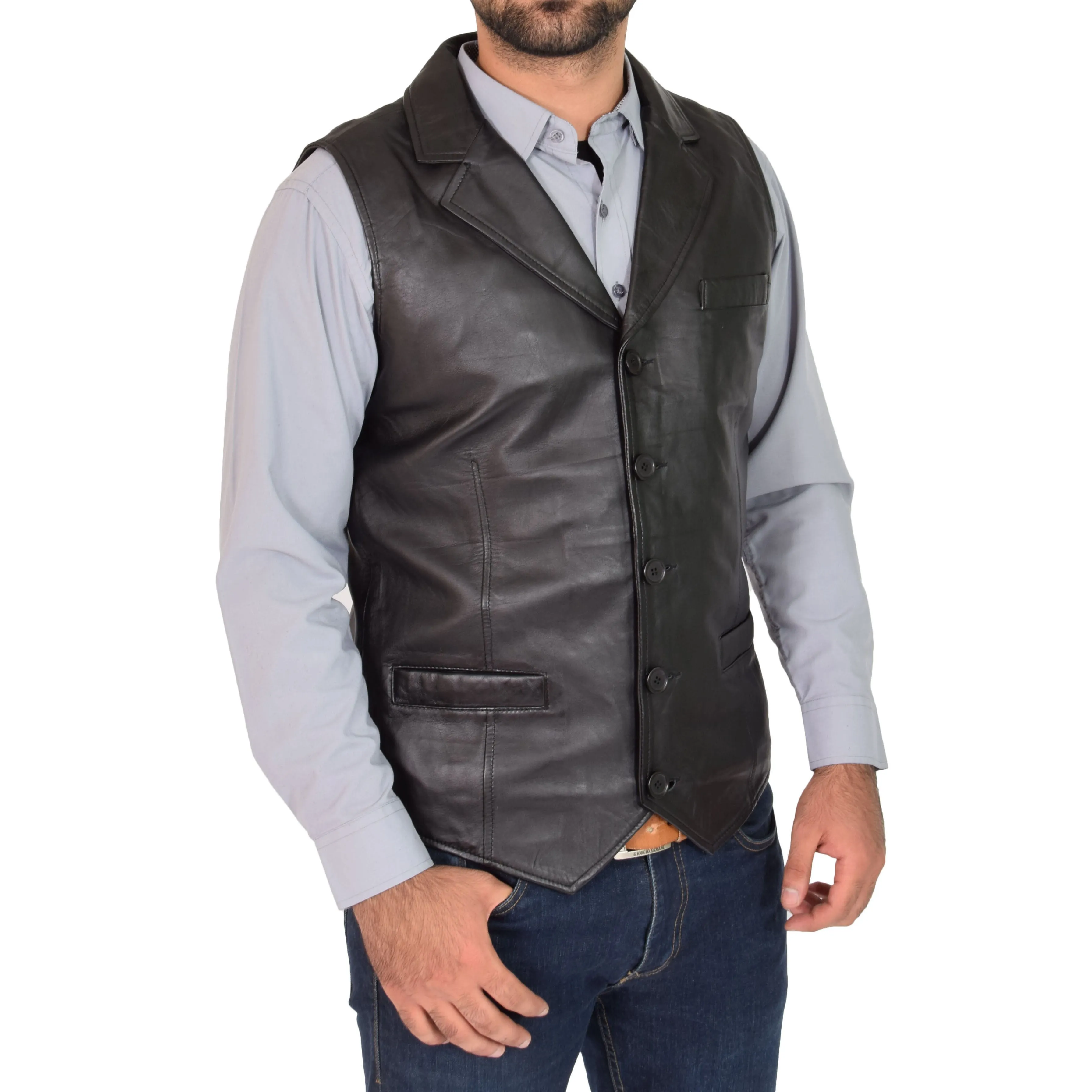 Mens Leather Buttoned Waistcoat Gilet Calvin Black