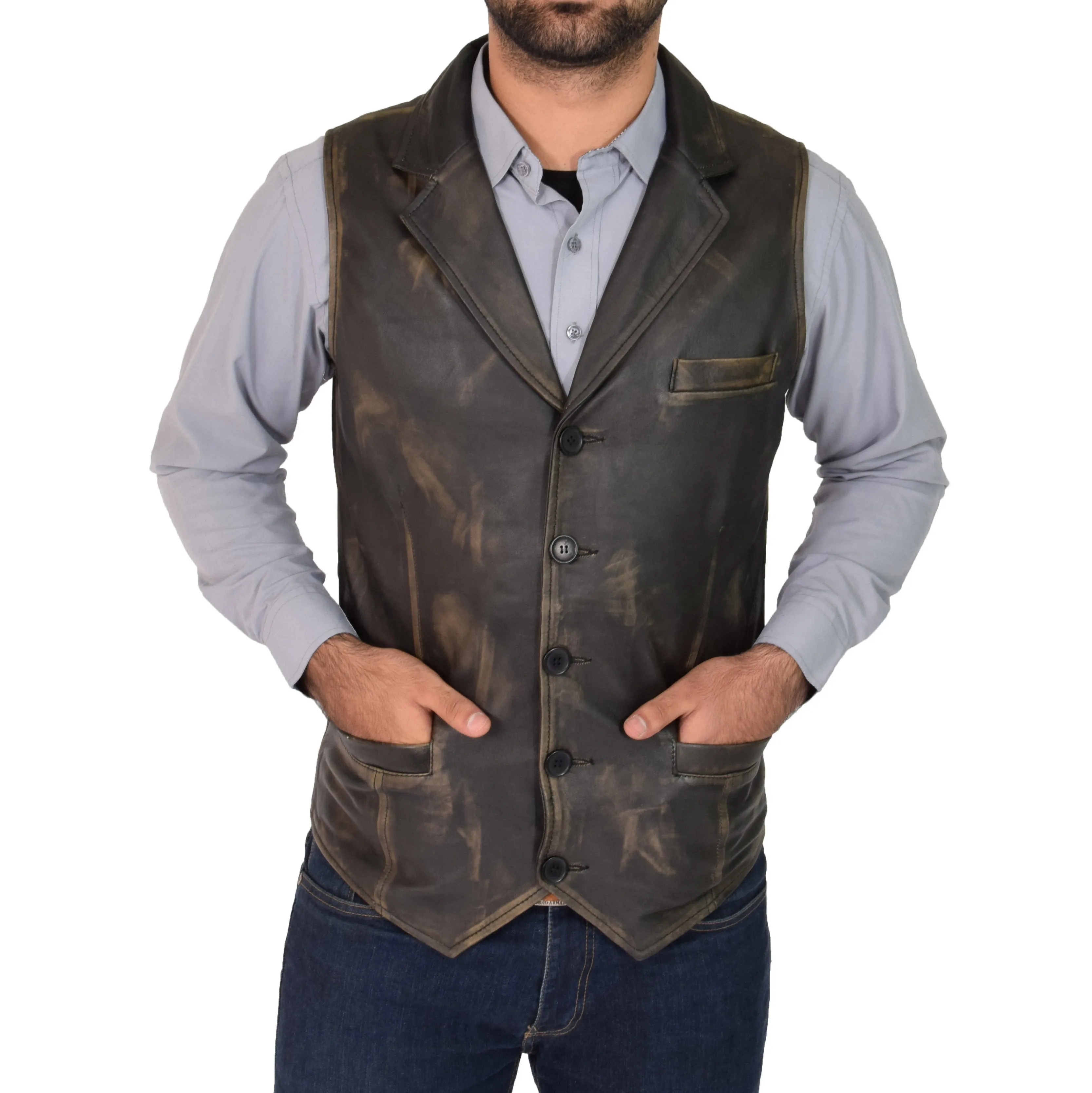 Mens Leather Buttoned Waistcoat Gilet Calvin Rub Off