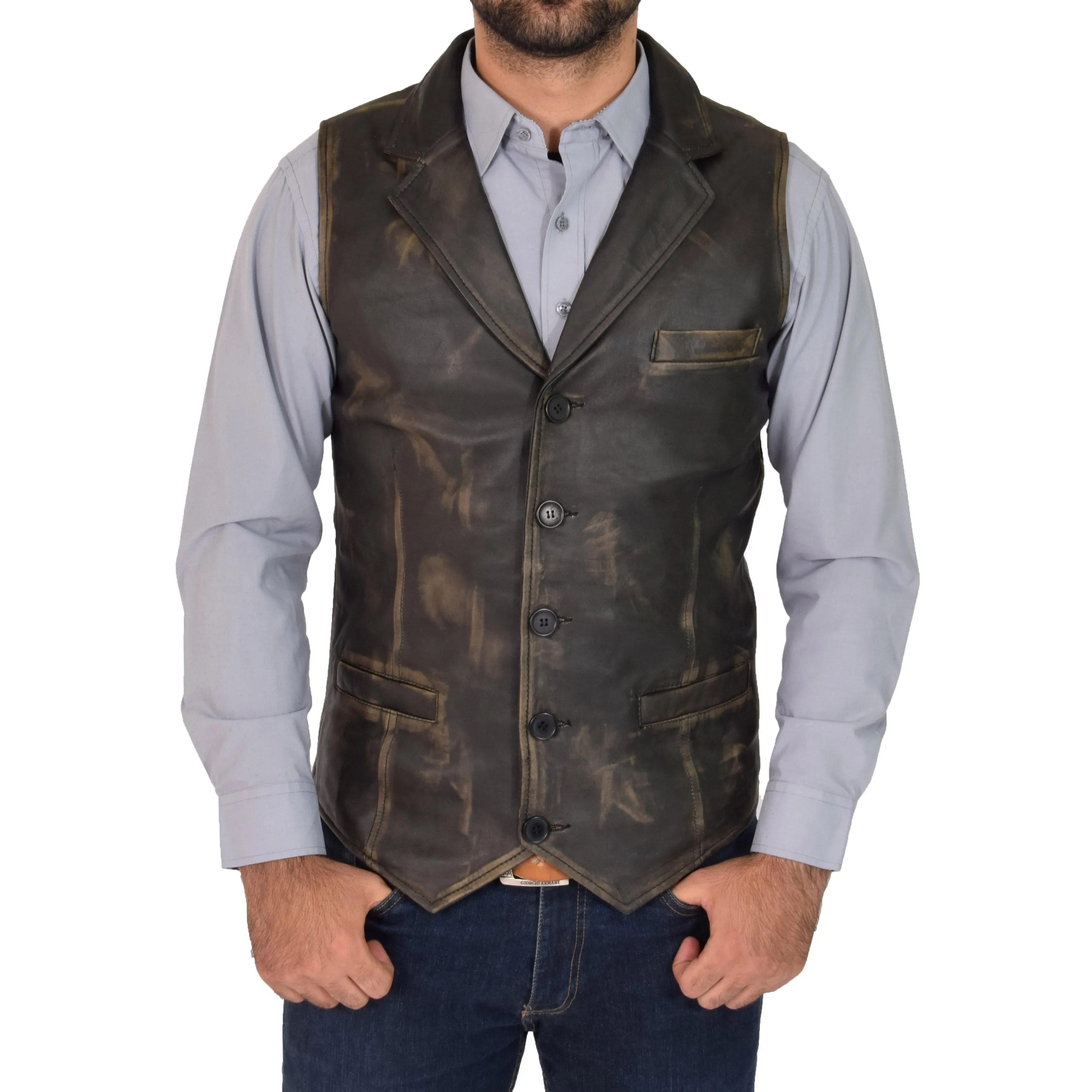 Mens Leather Buttoned Waistcoat Gilet Calvin Rub Off