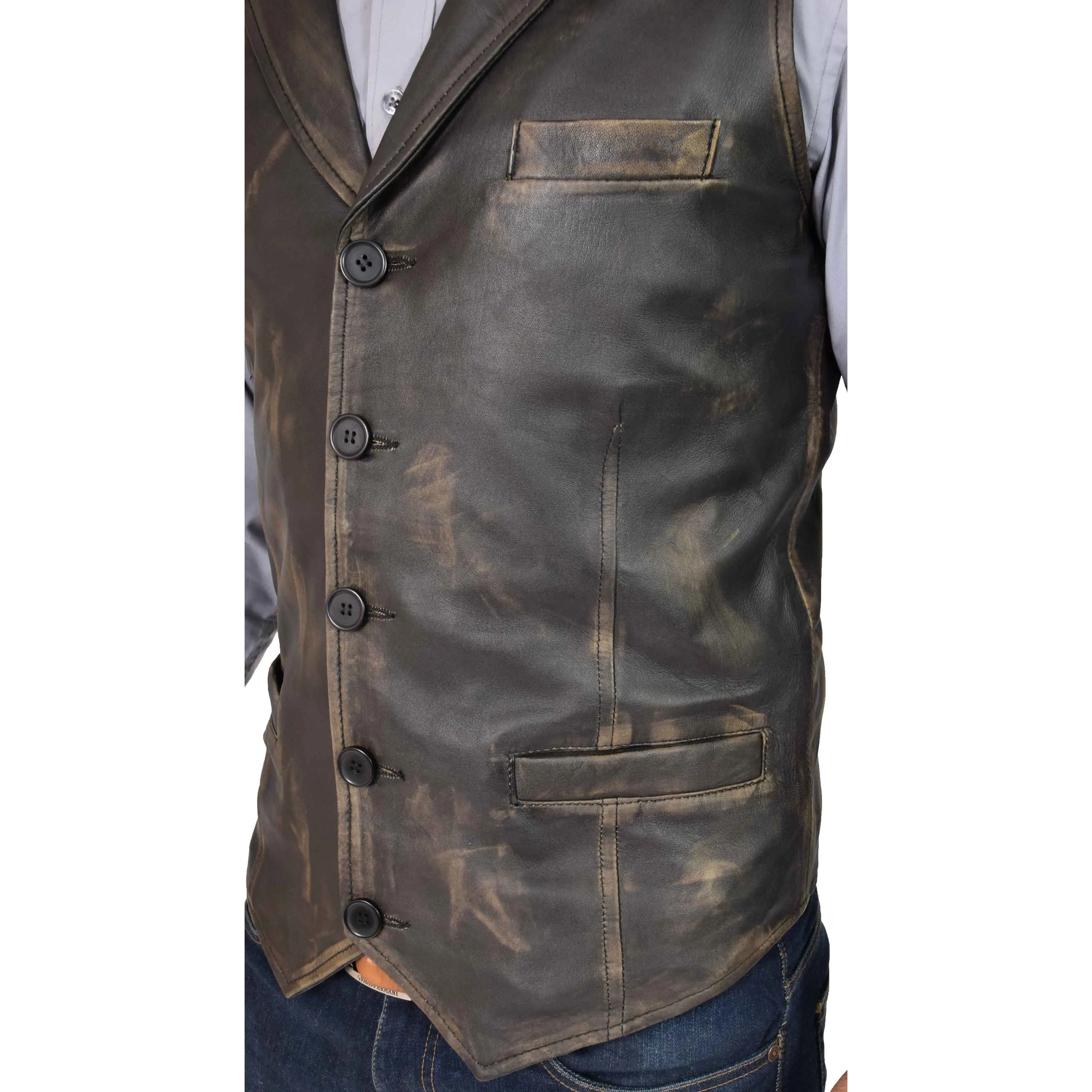 Mens Leather Buttoned Waistcoat Gilet Calvin Rub Off