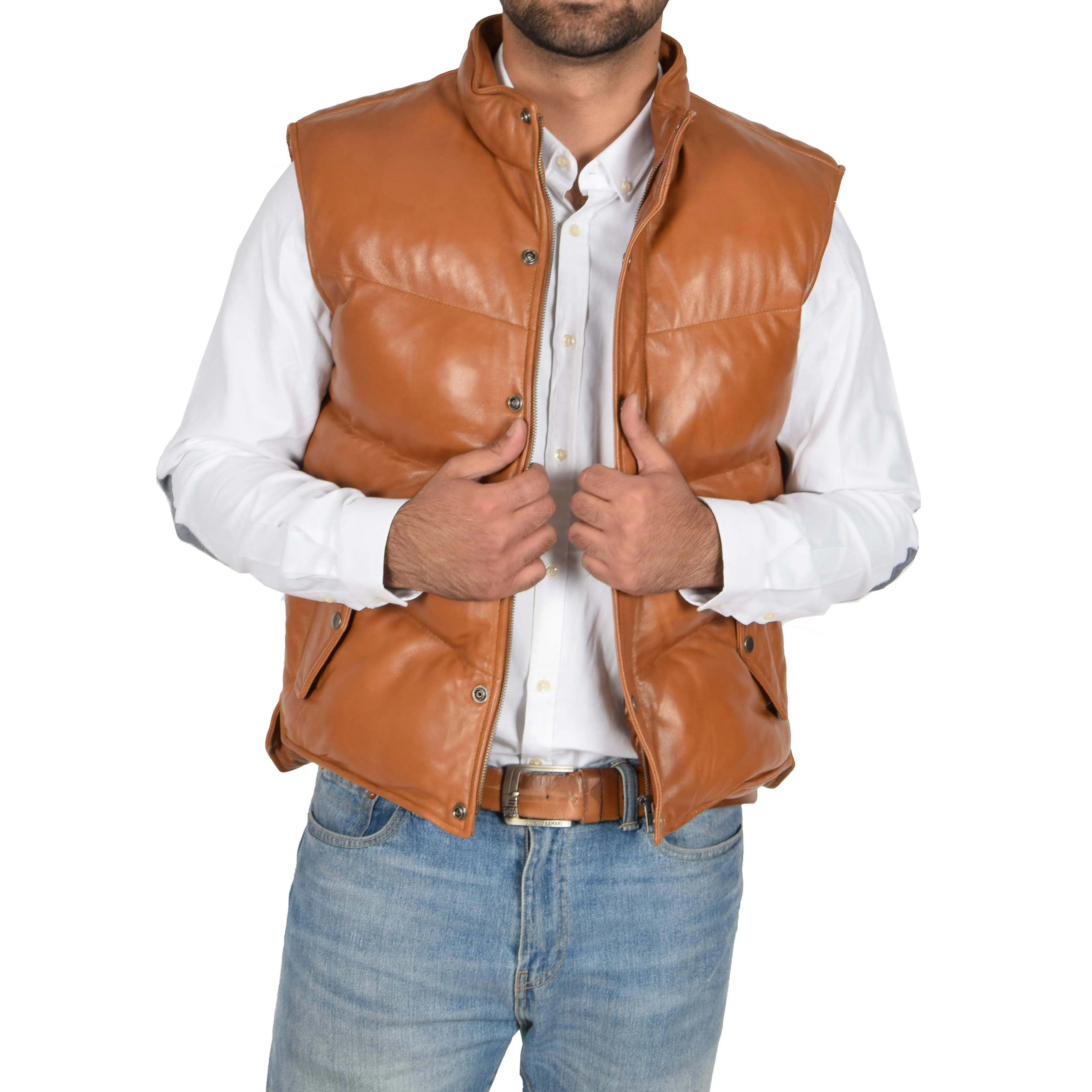 Mens Quilted Leather Waistcoat Body Warmer Gilet Jeff Tan