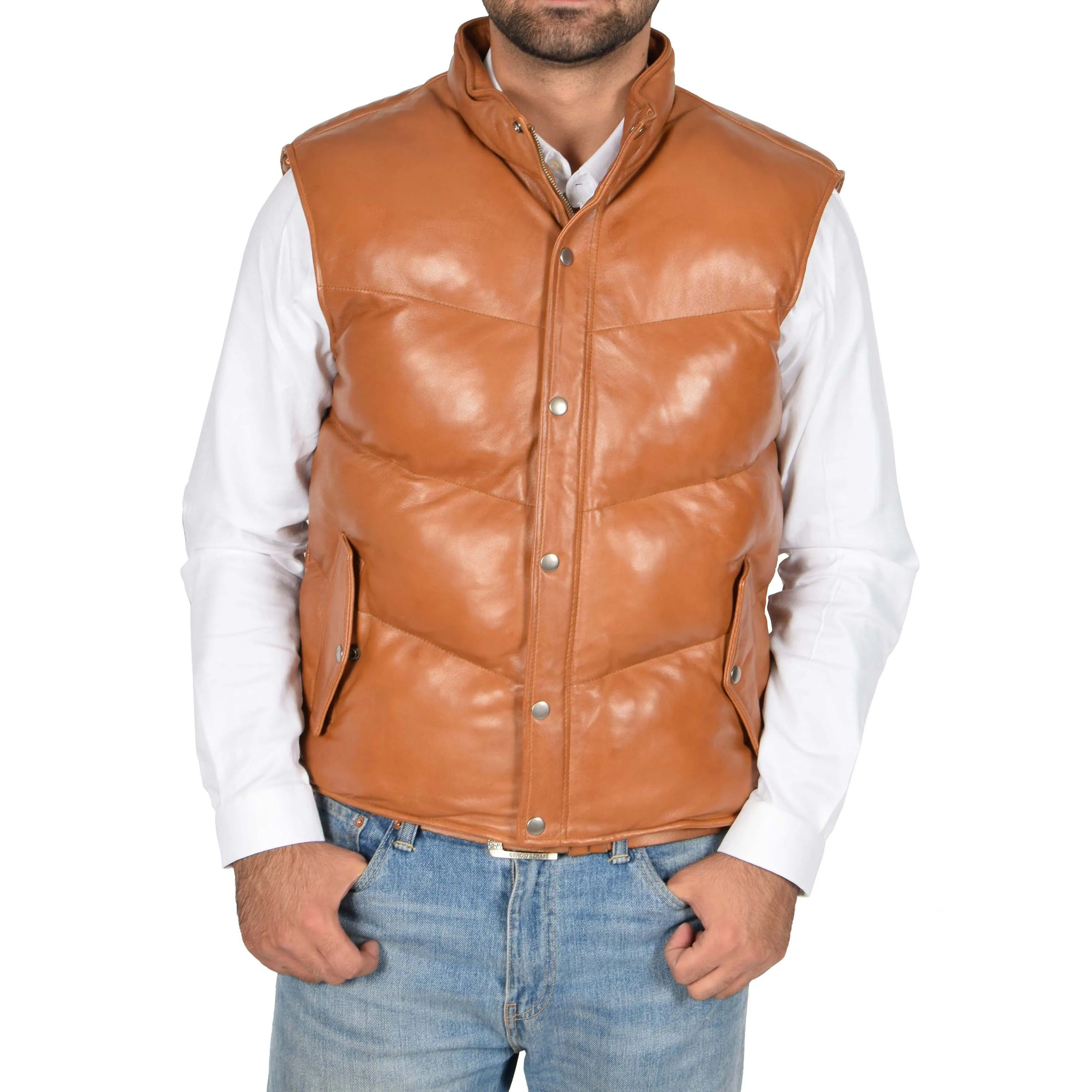 Mens Quilted Leather Waistcoat Body Warmer Gilet Jeff Tan