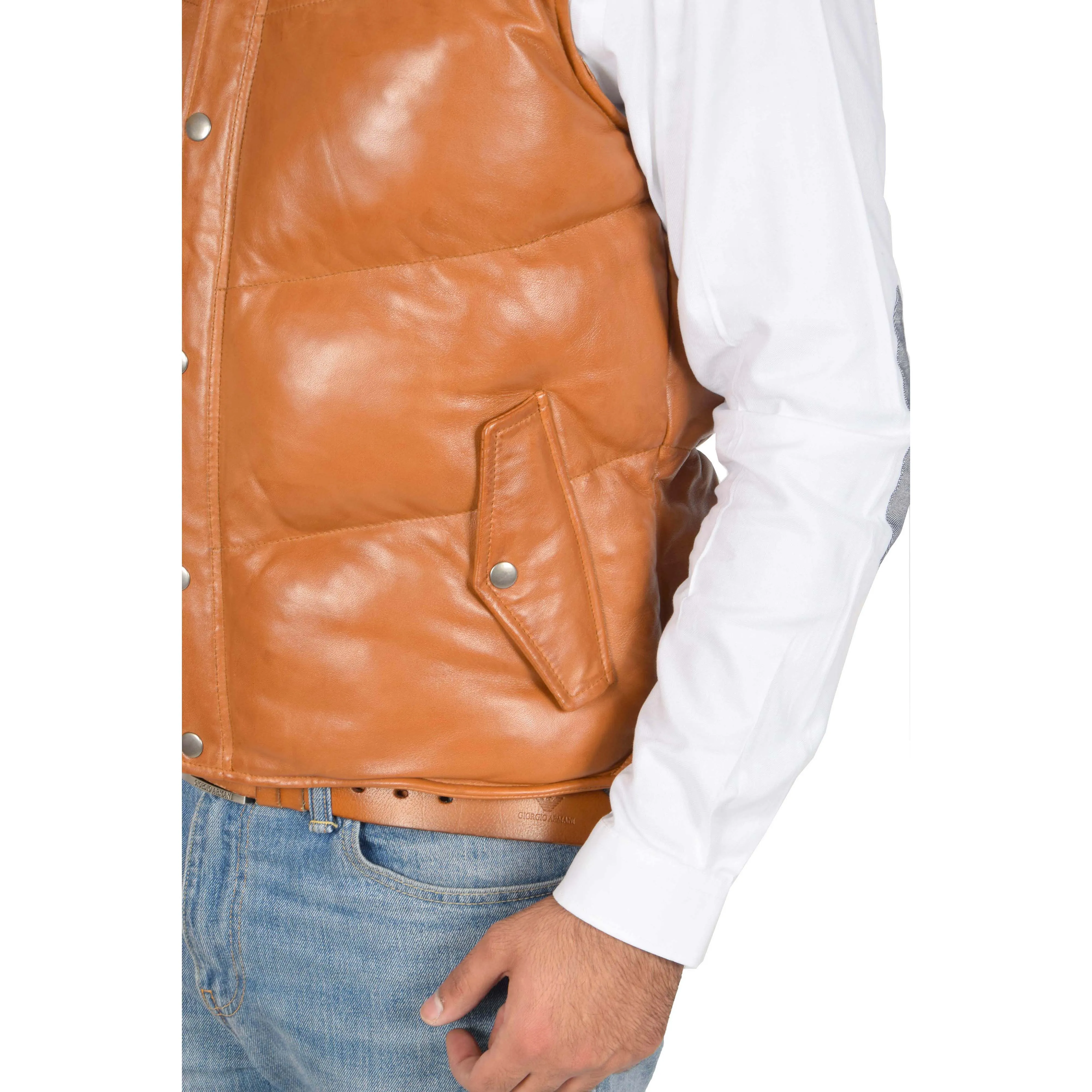 Mens Quilted Leather Waistcoat Body Warmer Gilet Jeff Tan