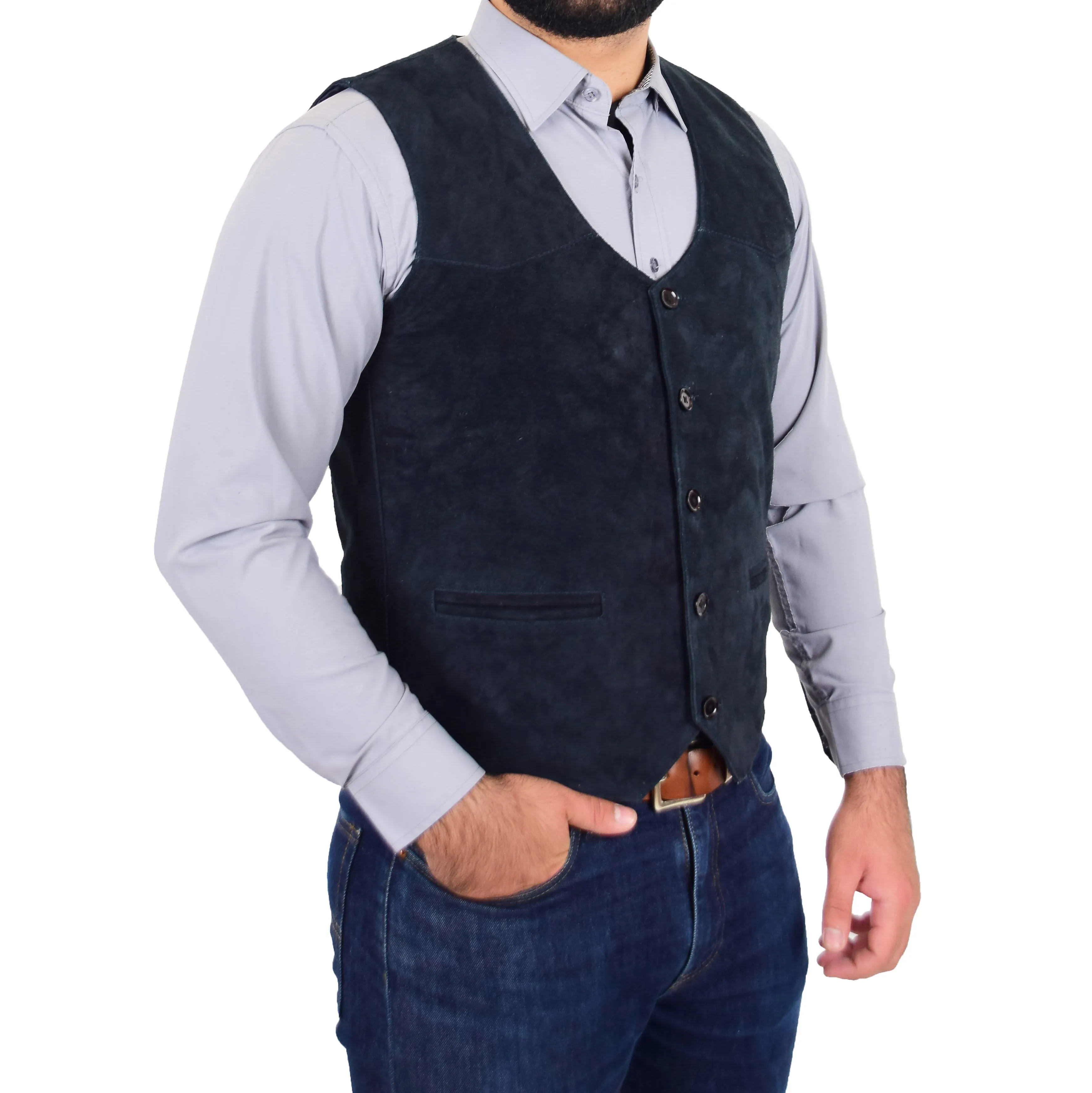 Mens Suede Button Fastening Waistcoat Don Navy