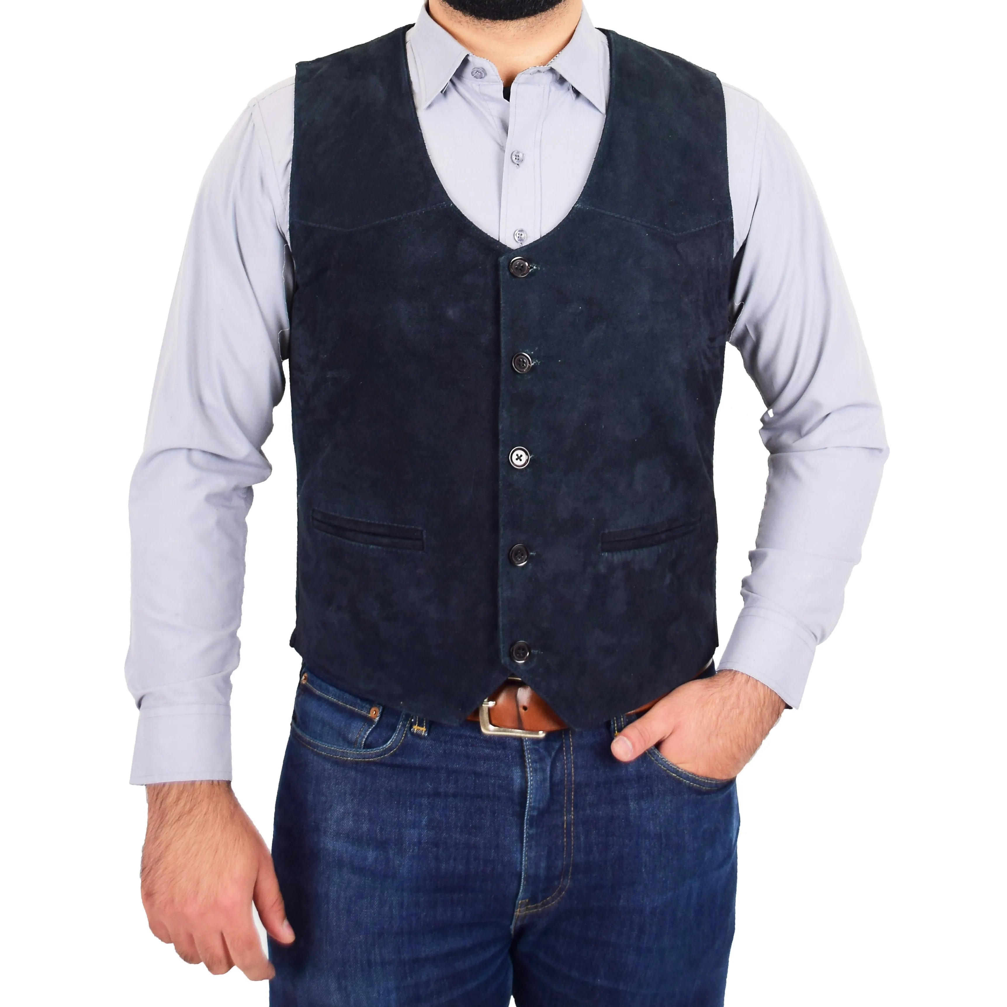 Mens Suede Button Fastening Waistcoat Don Navy