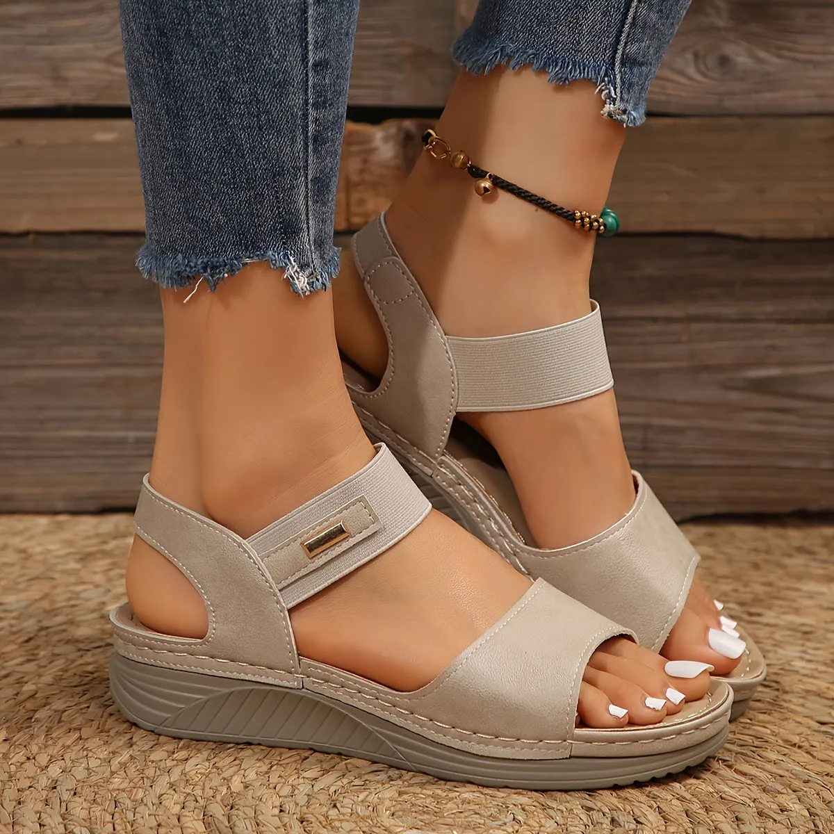 Mid Heel Womens Wedge Sandals - Soft, Lightweight, Slip-On, Open Toe, Polyurethane PU Faux Leather Upper, Insole, and Sole, Perfect for Casual Outdoor Summer Wear - All-Season, Solid Color, Comfortable Slingback Shoes