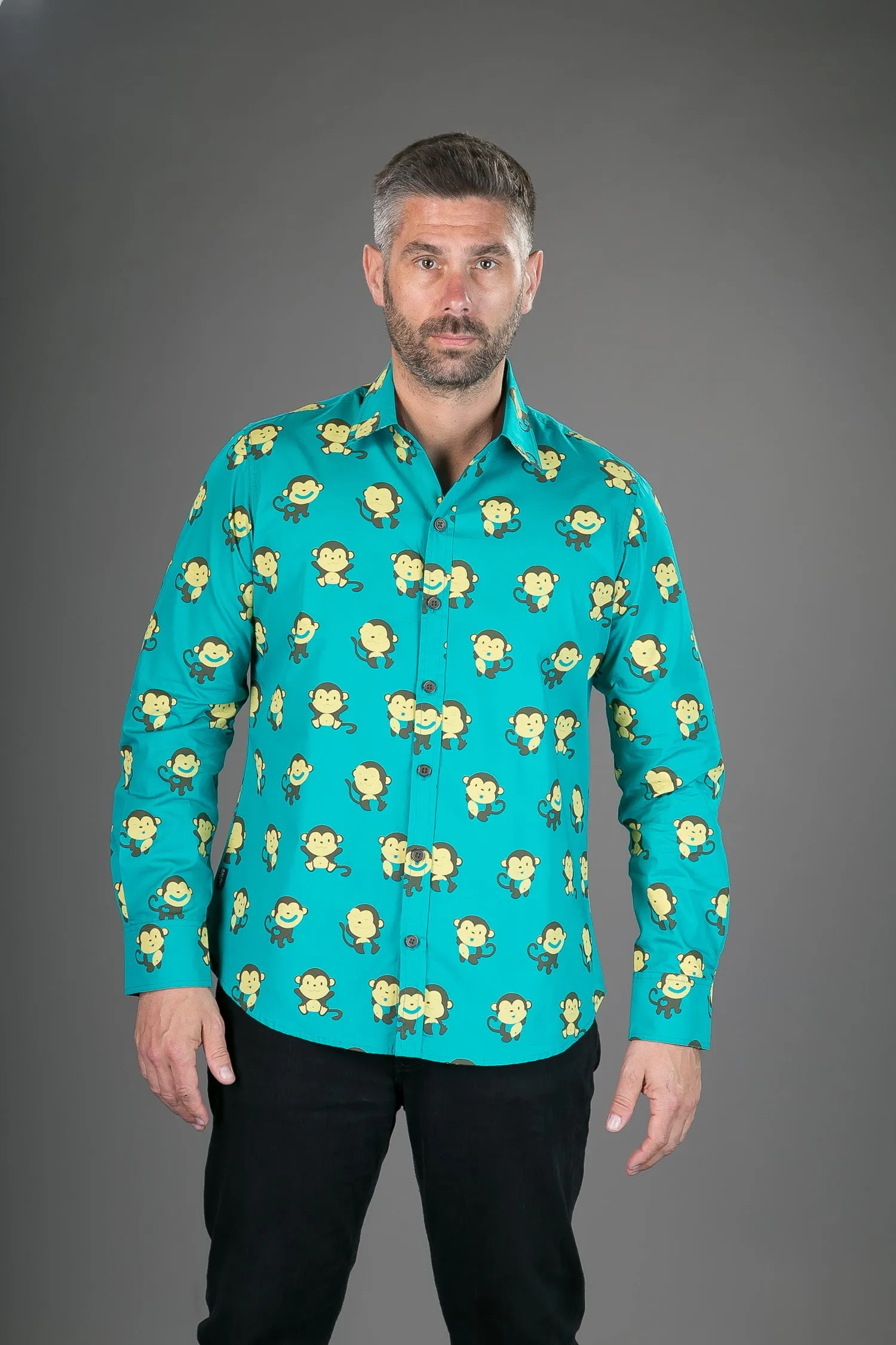 Monkeys Green Blue Yellow Print Cotton Slim Fit Mens Shirt Long Sleeve