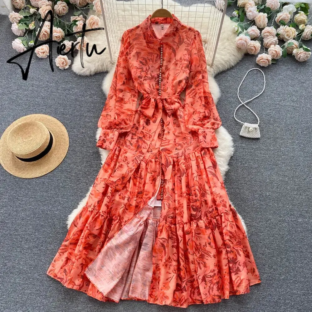 New Autumn Fashion Elegant Long Dress Women's Long Sleeve Lapel Printed Maxi Dress Female Seaside Holiday Beach Dress