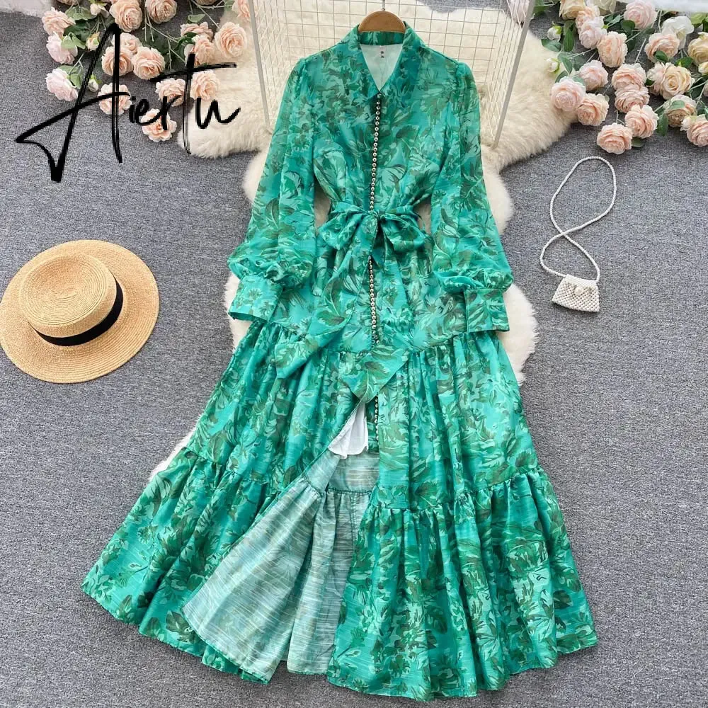 New Autumn Fashion Elegant Long Dress Women's Long Sleeve Lapel Printed Maxi Dress Female Seaside Holiday Beach Dress