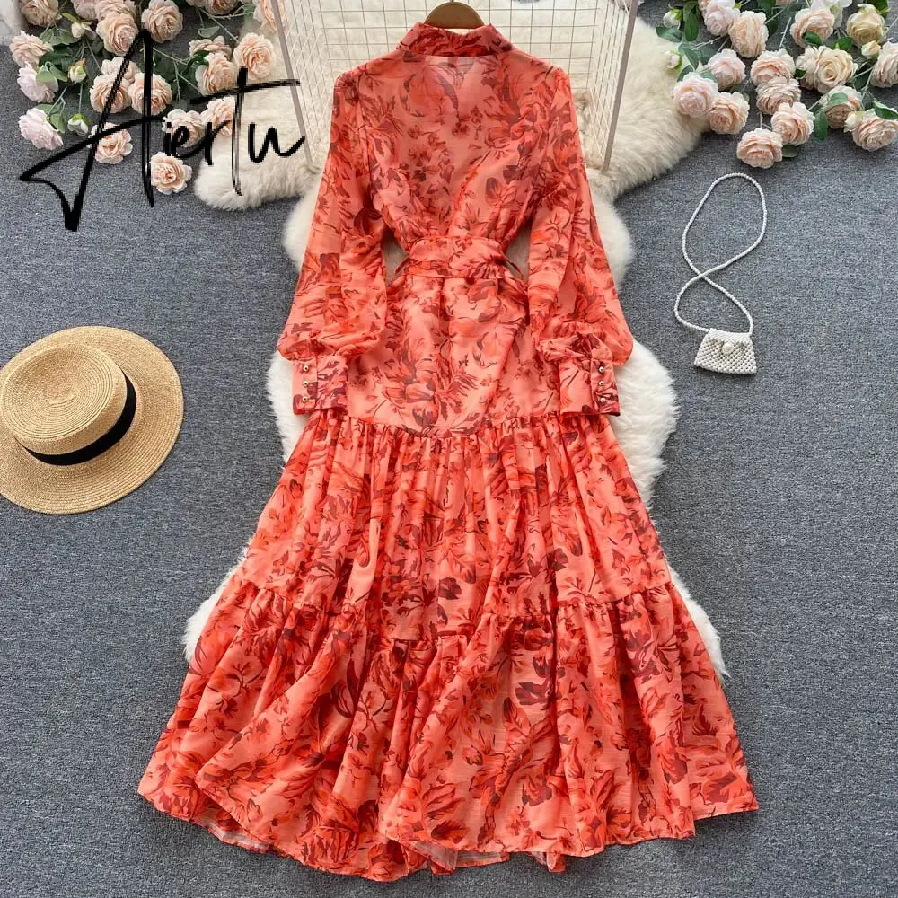 New Autumn Fashion Elegant Long Dress Women's Long Sleeve Lapel Printed Maxi Dress Female Seaside Holiday Beach Dress