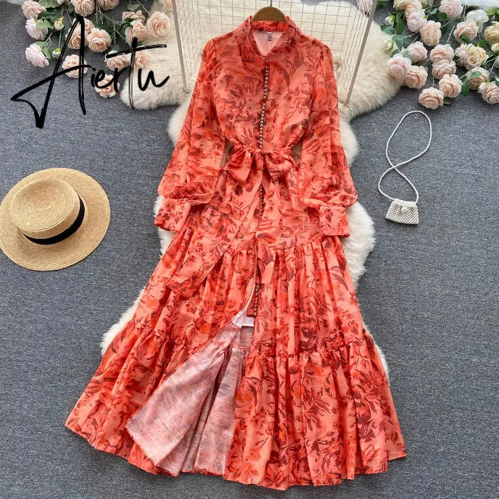 New Autumn Fashion Elegant Long Dress Women's Long Sleeve Lapel Printed Maxi Dress Female Seaside Holiday Beach Dress