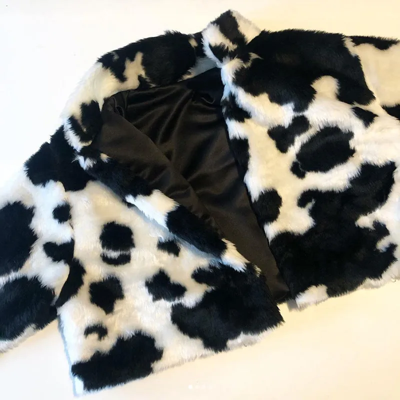 New black white polka-dot milk cow print furry cardigan crop top jacket coat loose fit blazer for women