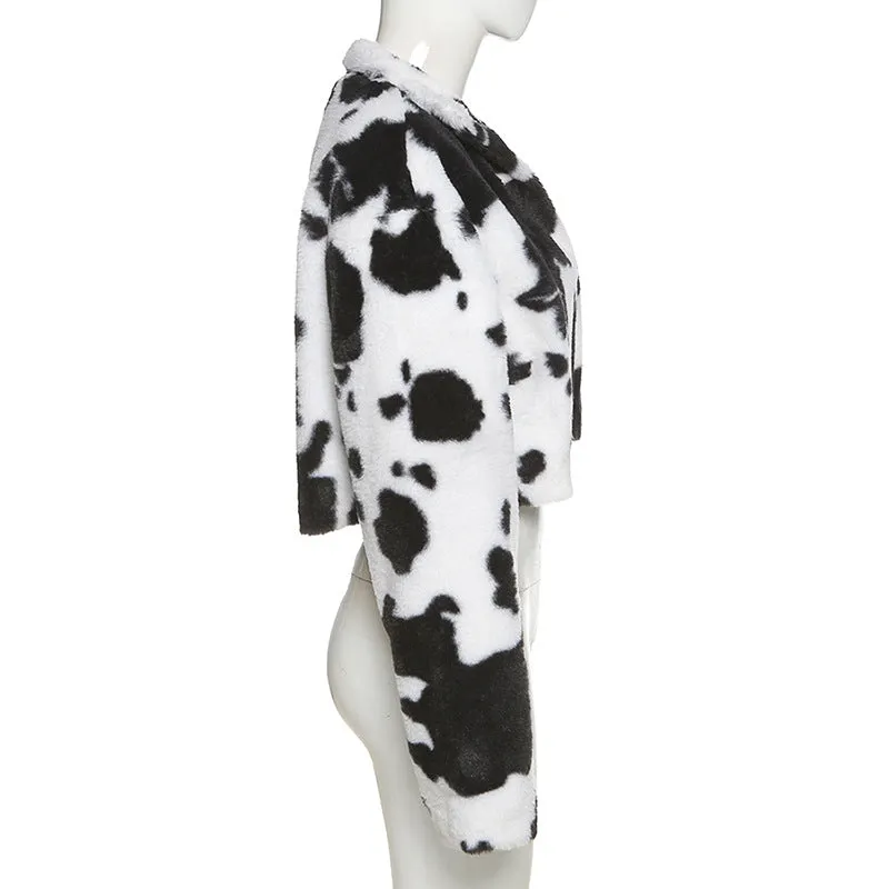 New black white polka-dot milk cow print furry cardigan crop top jacket coat loose fit blazer for women