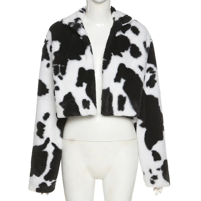 New black white polka-dot milk cow print furry cardigan crop top jacket coat loose fit blazer for women