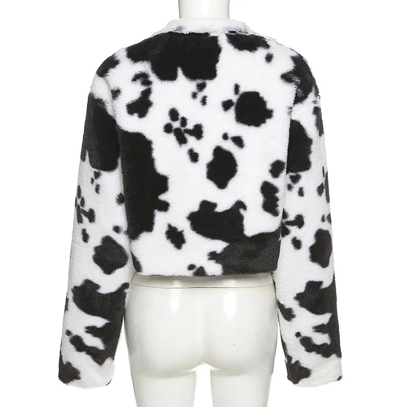 New black white polka-dot milk cow print furry cardigan crop top jacket coat loose fit blazer for women