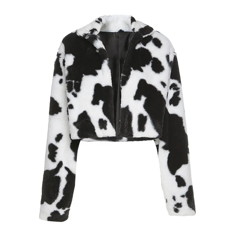 New black white polka-dot milk cow print furry cardigan crop top jacket coat loose fit blazer for women