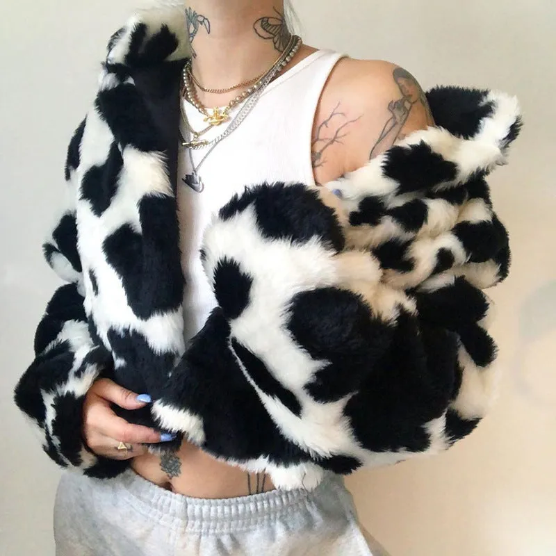 New black white polka-dot milk cow print furry cardigan crop top jacket coat loose fit blazer for women