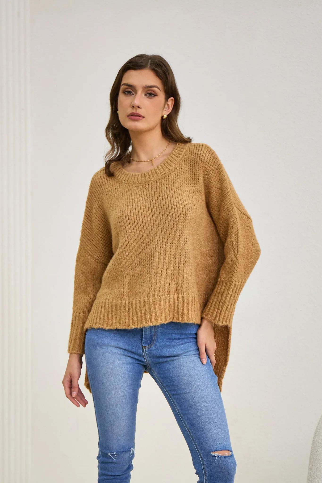 Nora Brown Step Hem Knit Sweater